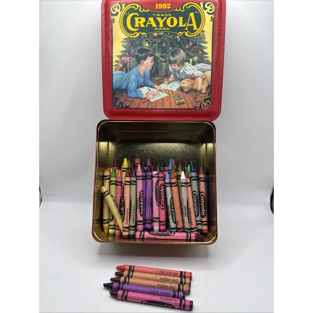 1992 Crayola Collectible Holiday Tin Crayola Crayons W/Retired Crayons